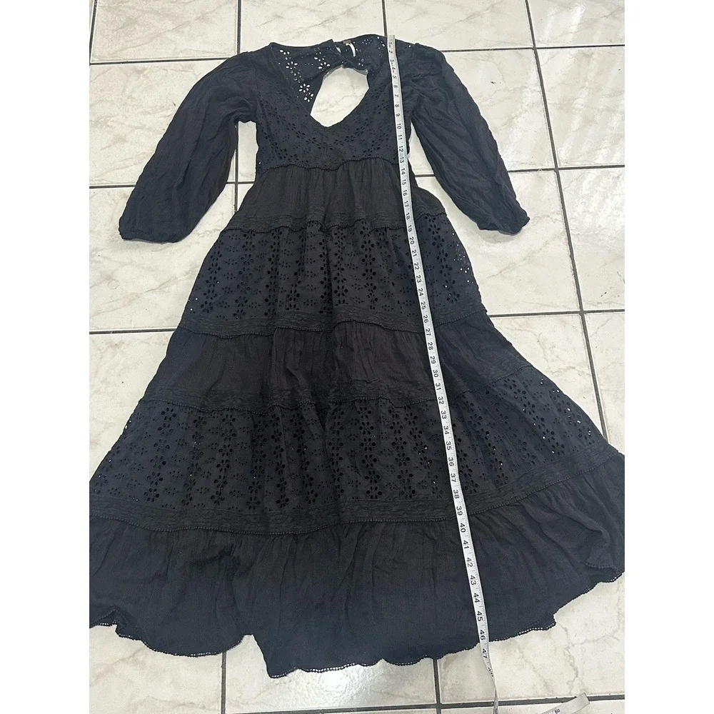 Free People Mockingbird Black Long Sleeve Eyelet Maxi Dress SZ XS EUC